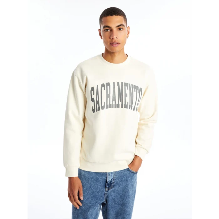 XSIDE Bej Bisiklet Yaka Baskılı Erkek Kalın Sweatshirt