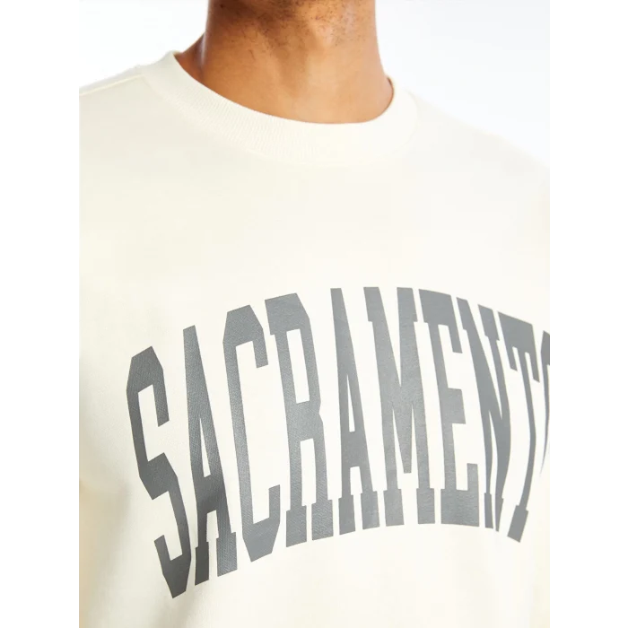 XSIDE Bej Bisiklet Yaka Baskılı Erkek Kalın Sweatshirt