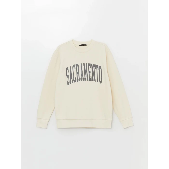 XSIDE Bej Bisiklet Yaka Baskılı Erkek Kalın Sweatshirt