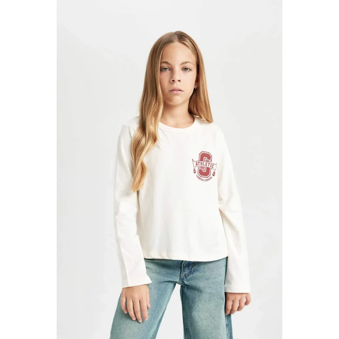 Defacto D4270 Ekru Kız Çocuk Relax Fit Bisiklet Yaka Baskılı Uzun Kollu Okul Tişörtü