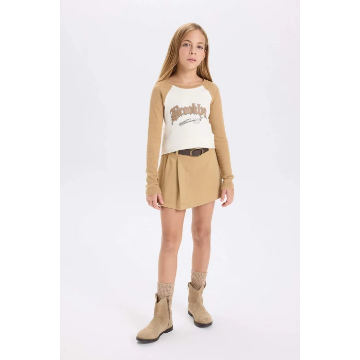Defacto D3864 Bej Kız Çocuk Crop Bisiklet Yaka Baskılı Fitilli Kaşkorse Uzun Kollu Tişört