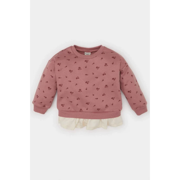 Defacto D7184 Pembe Kız Bebek Bisiklet Yaka Çiçekli İçi Yumuşak Tüylü Sweatshirt