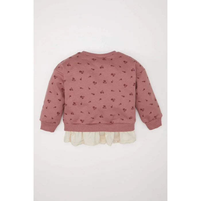 Defacto D7184 Pembe Kız Bebek Bisiklet Yaka Çiçekli İçi Yumuşak Tüylü Sweatshirt