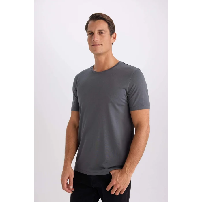 Defacto M6606 Antrasit Slim Fit Dar Kesim Bisiklet Yaka Modal Karışımlı Pamuklu Basic Düz Kısa Kollu Tişört