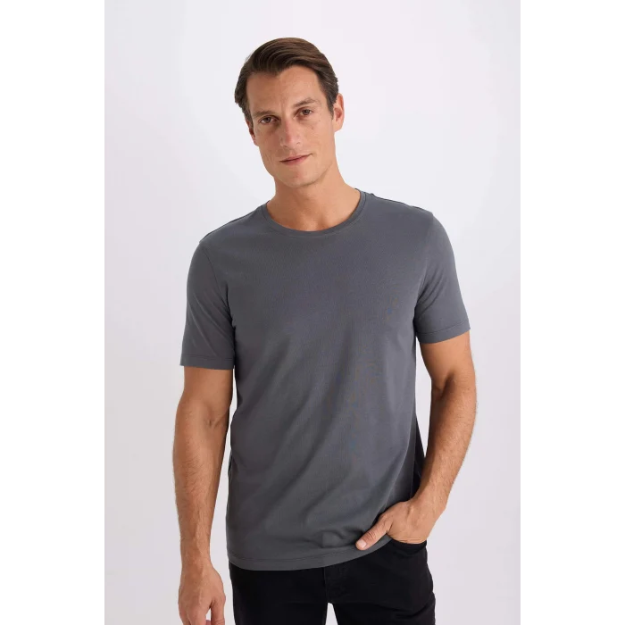 Defacto M6606 Antrasit Slim Fit Dar Kesim Bisiklet Yaka Modal Karışımlı Pamuklu Basic Düz Kısa Kollu Tişört