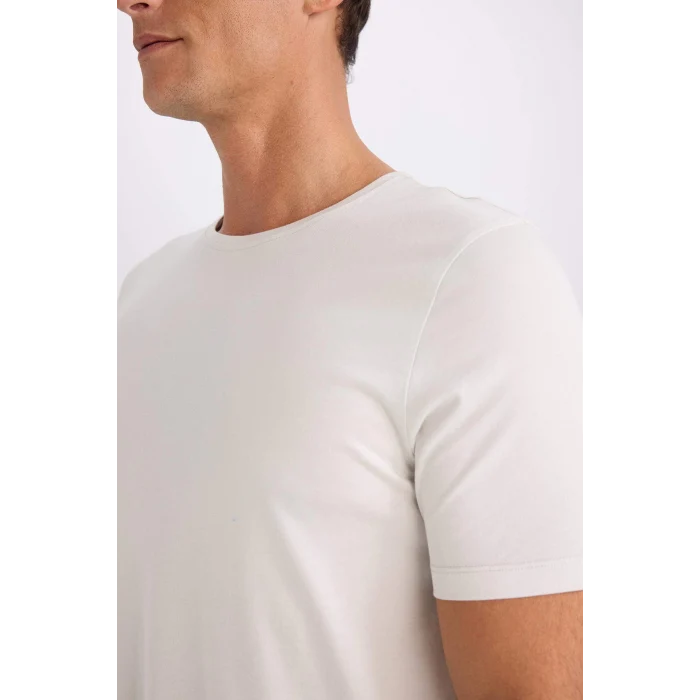 Defacto M6606 Ekru Slim Fit Dar Kesim Bisiklet Yaka Modal Karışımlı Pamuklu Basic Düz Kısa Kollu Tişört