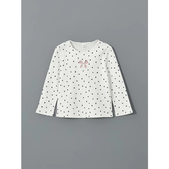 LCW Kids Ekru Bisiklet Yaka Puantiyeli Kız Çocuk Tişört