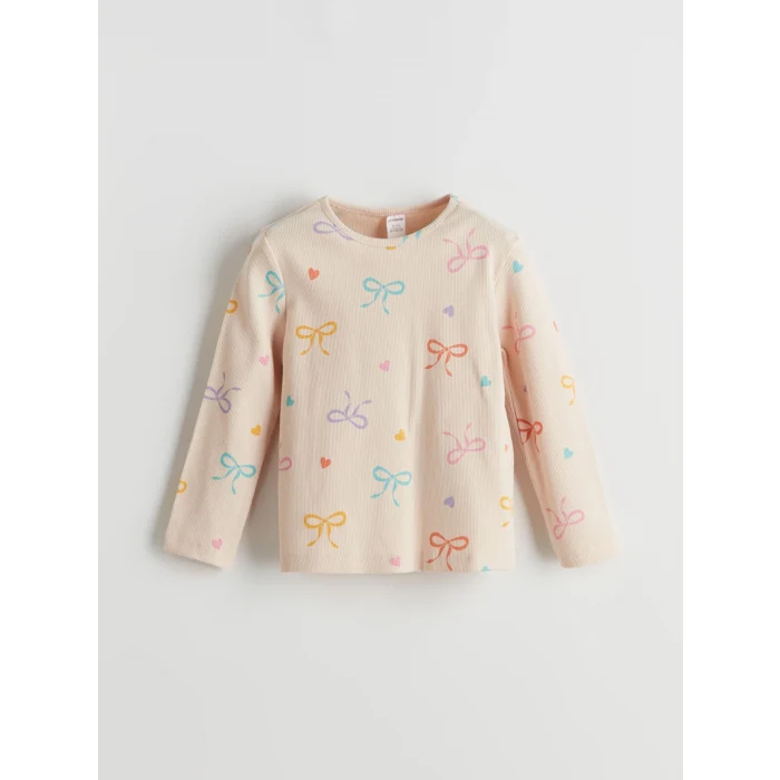 LCW Kids Ekru Bisiklet Yaka Kurdele Detaylı Kız Çocuk Tişört