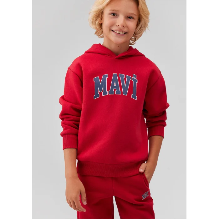 Mavi 6610110-70464 Mavi Logo Baskılı Kırmızı Kapüşonlu Sweatshirt