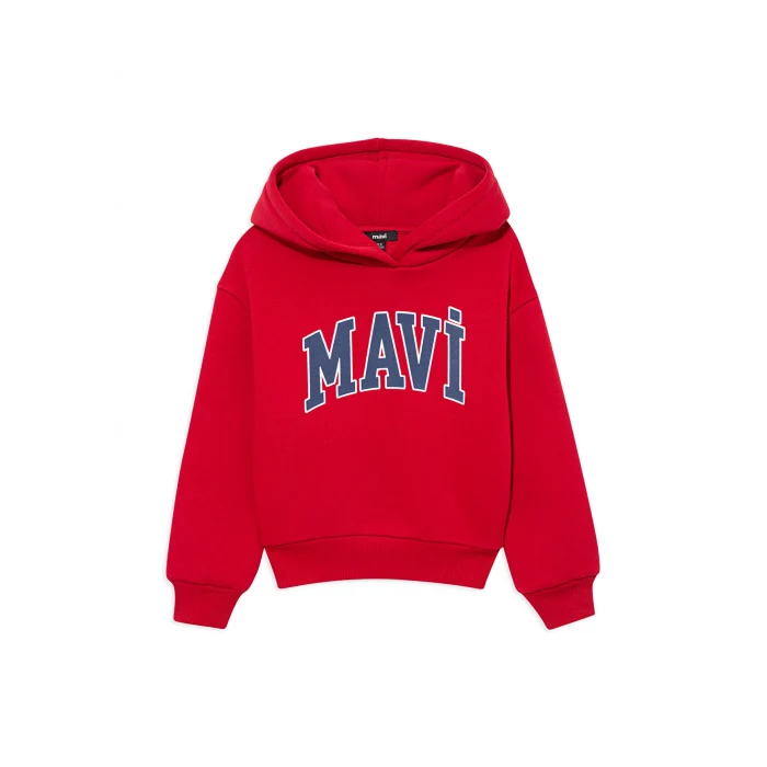 Mavi 6610110-70464 Mavi Logo Baskılı Kırmızı Kapüşonlu Sweatshirt