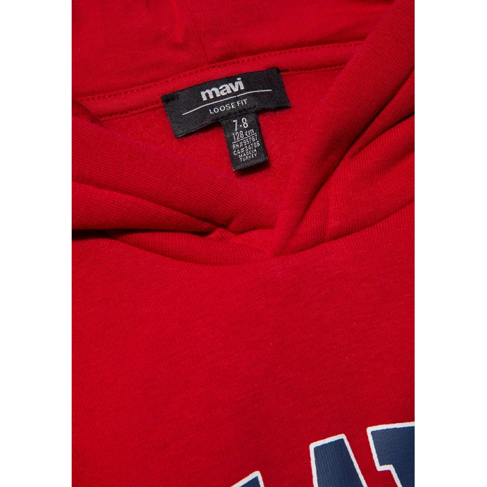 Mavi 6610110-70464 Mavi Logo Baskılı Kırmızı Kapüşonlu Sweatshirt