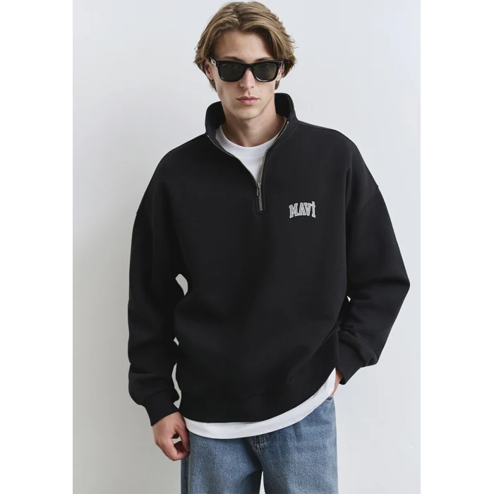 Mavi 0S10208-900 Mavi Logo Baskılı Yarı Fermuarlı Siyah Sweatshirt