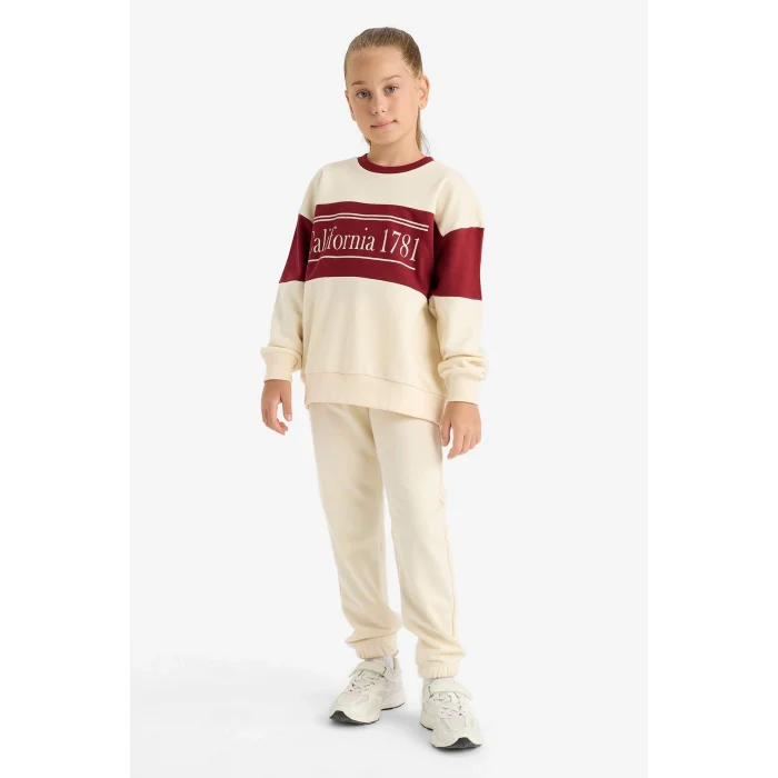 Defacto E6418A8ER42 Ekru Kız Çocuk 2li Takım Baskılı Sweatshirt Eşofman Altı