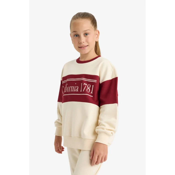 Defacto E6418A8ER42 Ekru Kız Çocuk 2li Takım Baskılı Sweatshirt Eşofman Altı