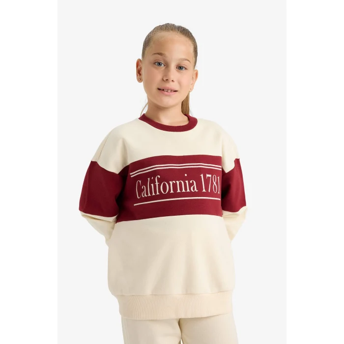 Defacto E6418A8ER42 Ekru Kız Çocuk 2li Takım Baskılı Sweatshirt Eşofman Altı