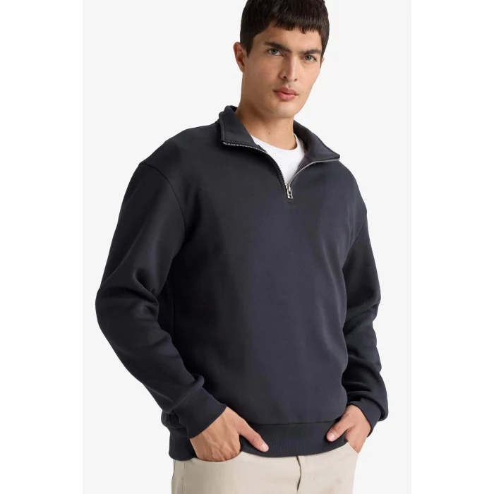 Defacto X7405 Antrasit Comfort Regular Fit Rahat Kalıp Fermuarlı Dik Yaka Basic Düz Sweatshirt