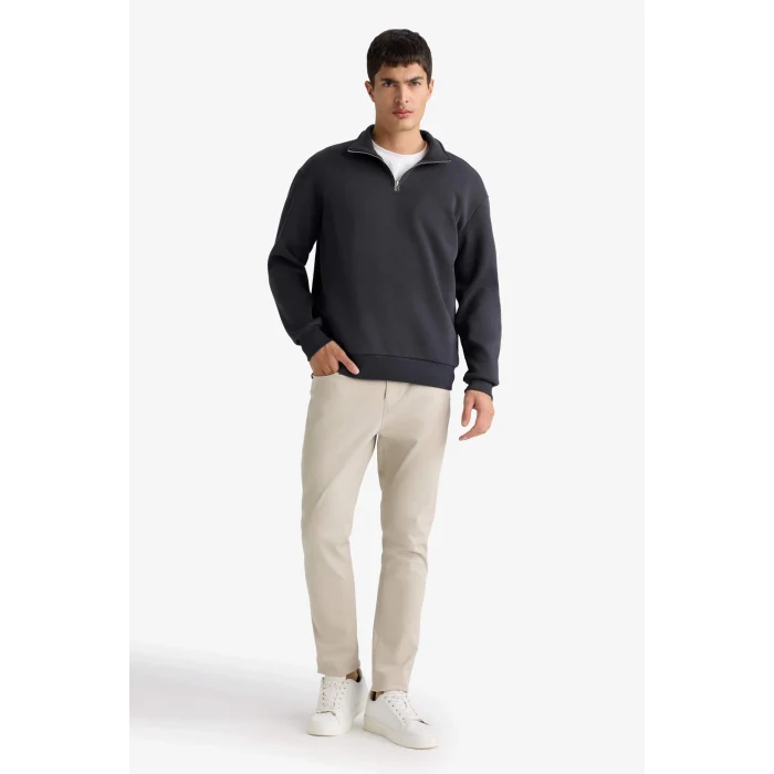 Defacto X7405 Antrasit Comfort Regular Fit Rahat Kalıp Fermuarlı Dik Yaka Basic Düz Sweatshirt
