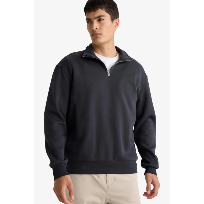 Defacto X7405 Antrasit Comfort Regular Fit Rahat Kalıp Fermuarlı Dik Yaka Basic Düz Sweatshirt