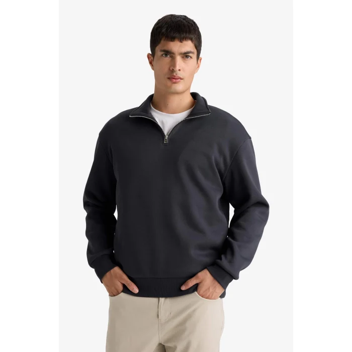 Defacto X7405 Antrasit Comfort Regular Fit Rahat Kalıp Fermuarlı Dik Yaka Basic Düz Sweatshirt