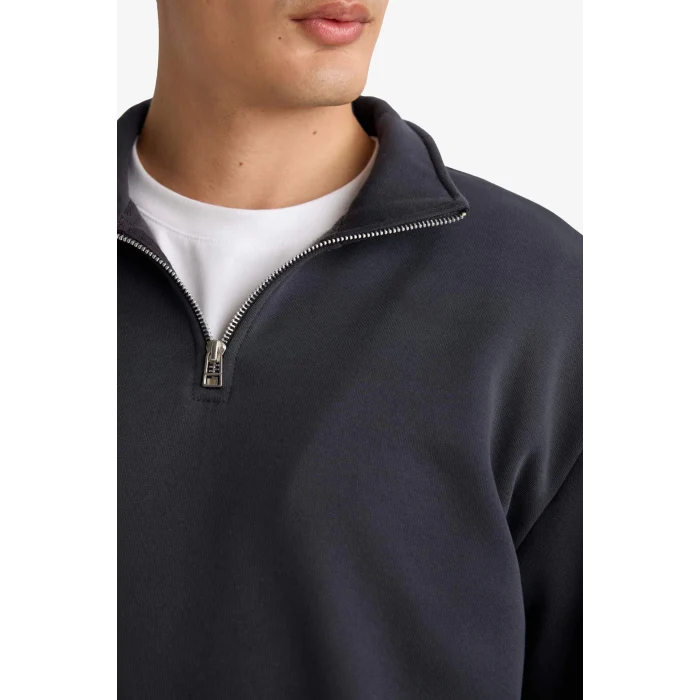 Defacto X7405 Antrasit Comfort Regular Fit Rahat Kalıp Fermuarlı Dik Yaka Basic Düz Sweatshirt