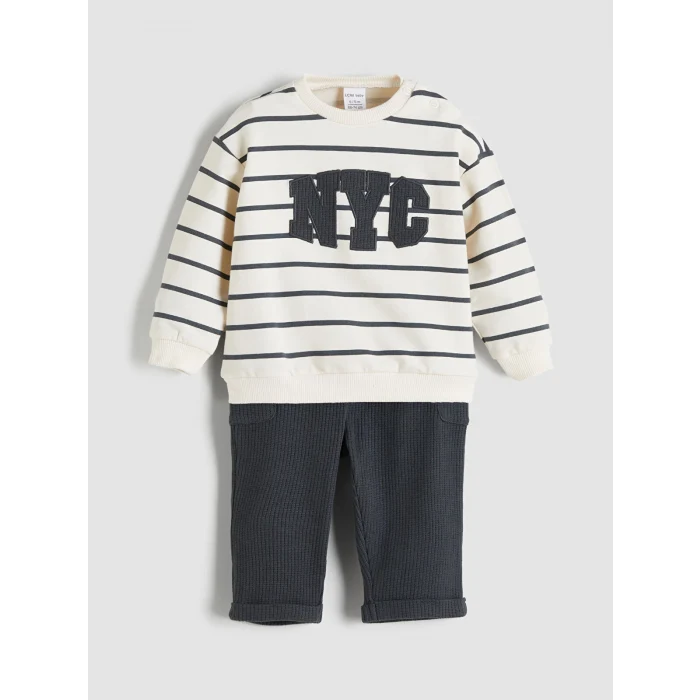 LCW baby Ekru Nakışlı Erkek Bebek Sweatshirt ve Pantolon 2li