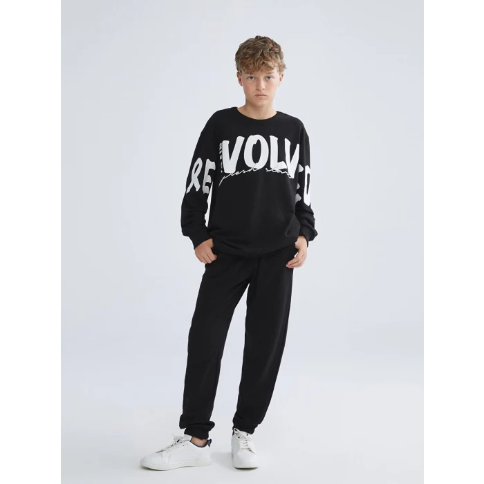 LCW Kids Siyah Bisiklet Yaka Baskılı Erkek Çocuk Eşofman Takım