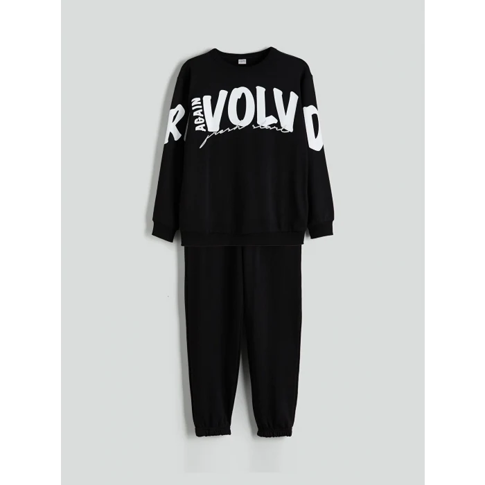 LCW Kids Siyah Bisiklet Yaka Baskılı Erkek Çocuk Eşofman Takım