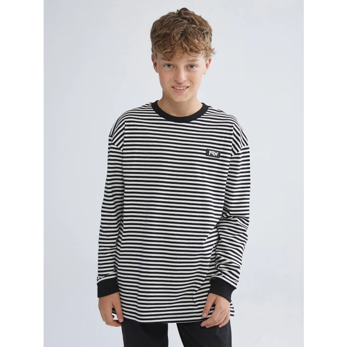 LCW Kids Siyah Bisiklet Yaka Çizgili Uzun Kollu Erkek Çocuk Tişört
