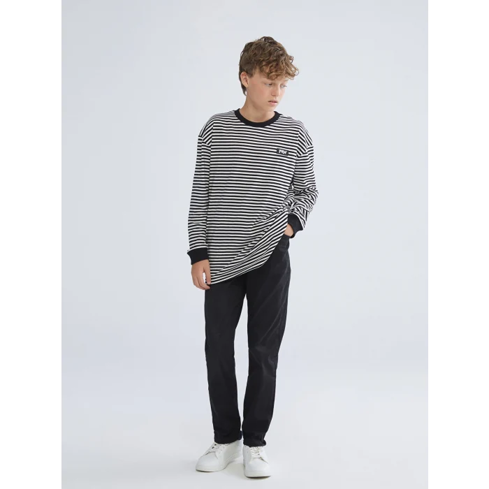 LCW Kids Siyah Bisiklet Yaka Çizgili Uzun Kollu Erkek Çocuk Tişört