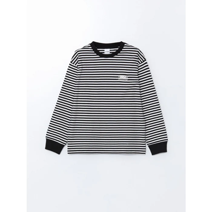 LCW Kids Siyah Bisiklet Yaka Çizgili Uzun Kollu Erkek Çocuk Tişört