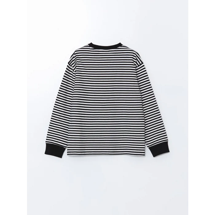 LCW Kids Siyah Bisiklet Yaka Çizgili Uzun Kollu Erkek Çocuk Tişört