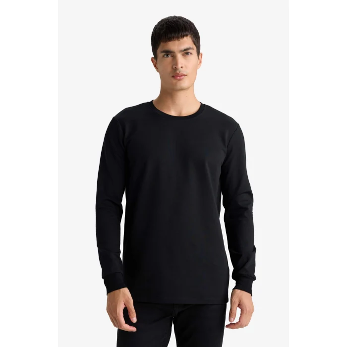 Defacto F3646AXBK81 Siyah Slim Fit Dar Kesim Bisiklet Yaka Uzun Kollu Tişört