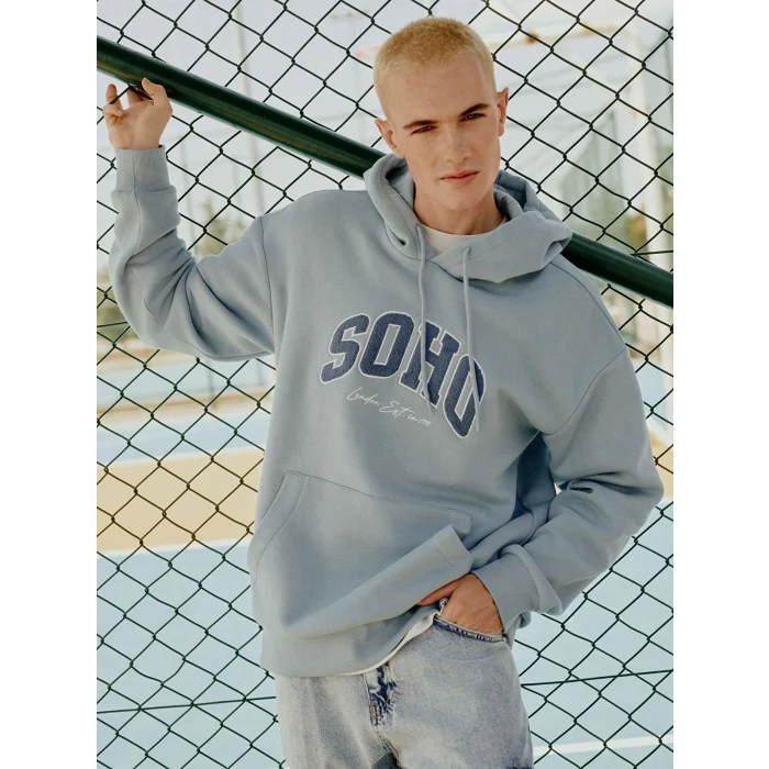 XSIDE Mavi Uzun Kollu Nakışlı Erkek Kalın Hoodie