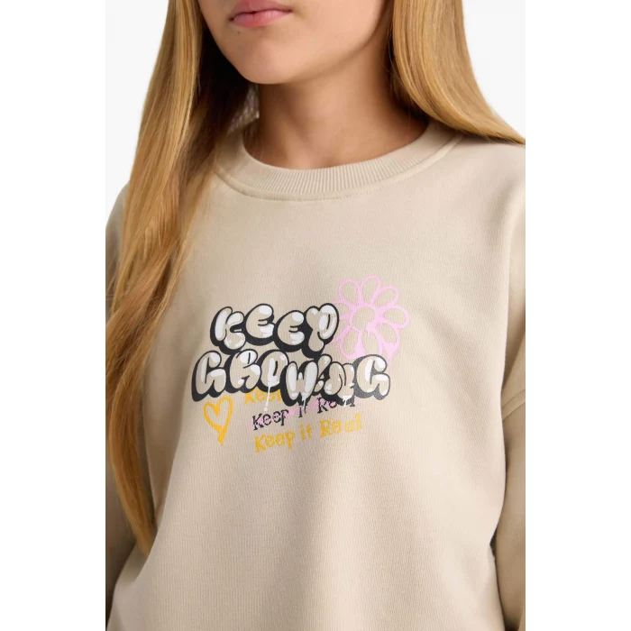 Defacto E6756A8BG74 Bej Kız Çocuk Oversize Geniş Kalıp Bisiklet Yaka Sırt Baskılı Sweatshirt