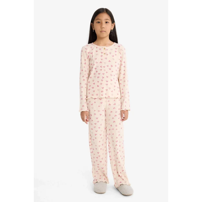 Defacto F7276A8PN353 Pembe Kız Çocuk Pijama Takımı Fitilli Kaşkorse Kalp Desenli Uzun Kollu Üst Uzun Alt