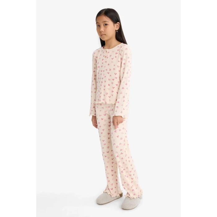 Defacto F7276A8PN353 Pembe Kız Çocuk Pijama Takımı Fitilli Kaşkorse Kalp Desenli Uzun Kollu Üst Uzun Alt