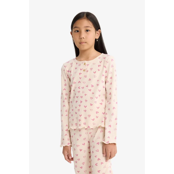 Defacto F7276A8PN353 Pembe Kız Çocuk Pijama Takımı Fitilli Kaşkorse Kalp Desenli Uzun Kollu Üst Uzun Alt