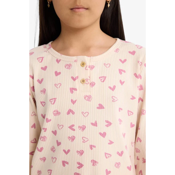 Defacto F7276A8PN353 Pembe Kız Çocuk Pijama Takımı Fitilli Kaşkorse Kalp Desenli Uzun Kollu Üst Uzun Alt