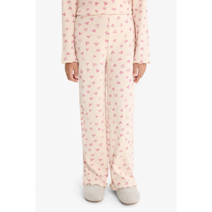Defacto F7276A8PN353 Pembe Kız Çocuk Pijama Takımı Fitilli Kaşkorse Kalp Desenli Uzun Kollu Üst Uzun Alt