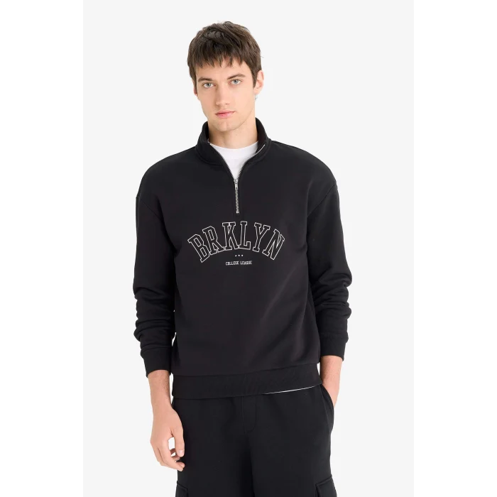 Defacto E9414AXBK81 Siyah Boxy Fit Dik Yaka Fermuarlı Baskılı Sweatshirt