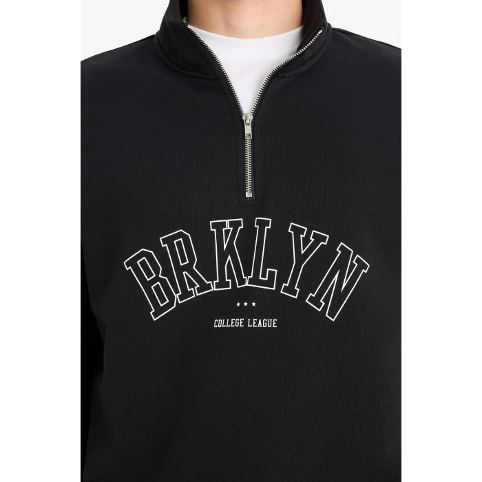 Defacto E9414AXBK81 Siyah Boxy Fit Dik Yaka Fermuarlı Baskılı Sweatshirt