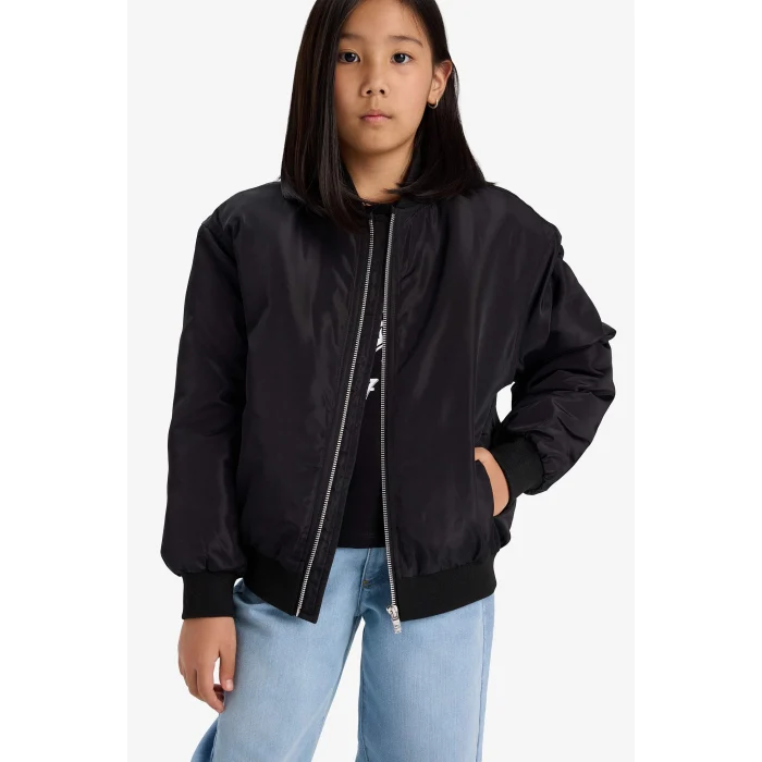 Defacto E8606A8BK27 Siyah Kız Çocuk Su Geçirmez Kolej Yaka Fermuarlı Bomber Mont