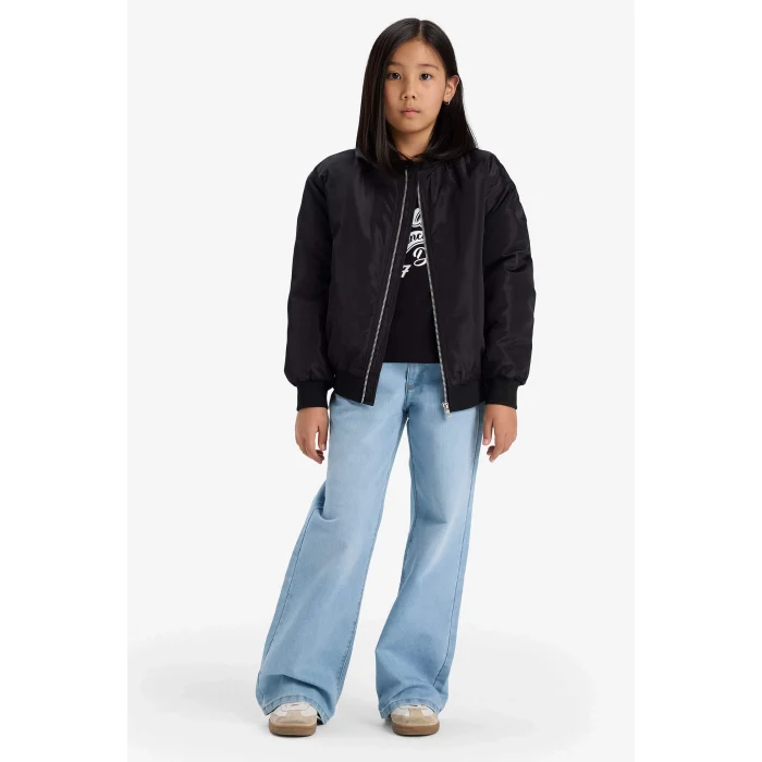 Defacto E8606A8BK27 Siyah Kız Çocuk Su Geçirmez Kolej Yaka Fermuarlı Bomber Mont