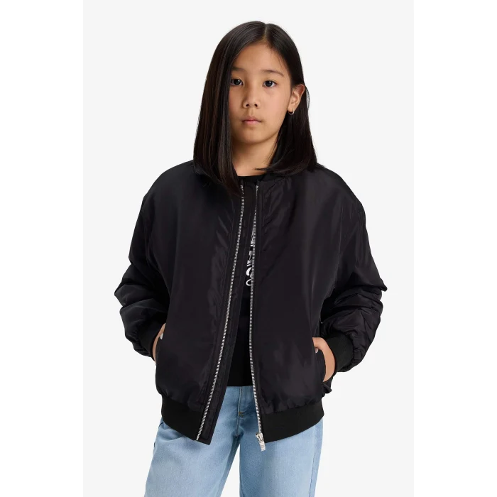 Defacto E8606A8BK27 Siyah Kız Çocuk Su Geçirmez Kolej Yaka Fermuarlı Bomber Mont
