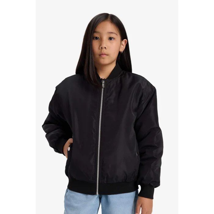 Defacto E8606A8BK27 Siyah Kız Çocuk Su Geçirmez Kolej Yaka Fermuarlı Bomber Mont