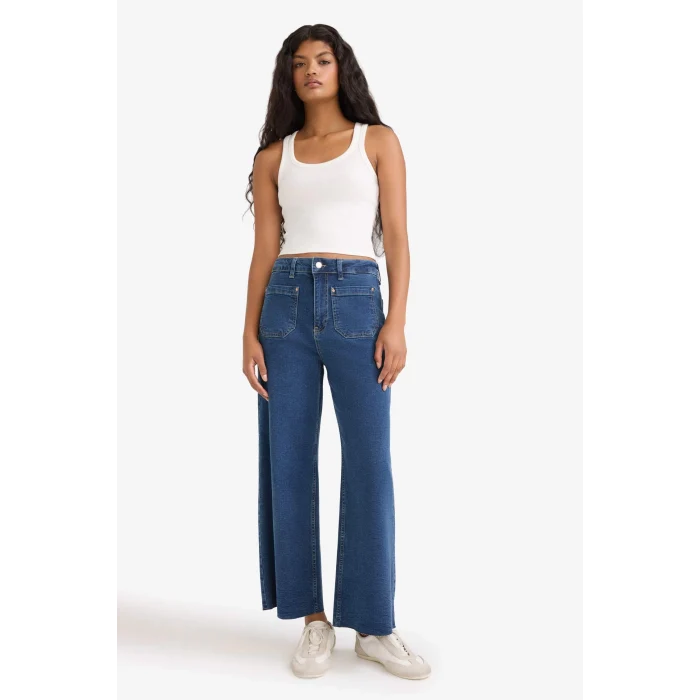 Defacto F7804AXNM85 İndigo Kısa Geniş Paça Yüksek Bel Bilek Boy Jean Yıkamalı Pantolon