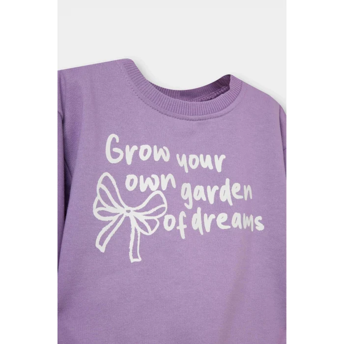 Defacto F0543A5PR80 Mor Kız Bebek 2li Takım İçi Yumuşak Tüylü Baskılı Sweatshirt Eşofman Altı