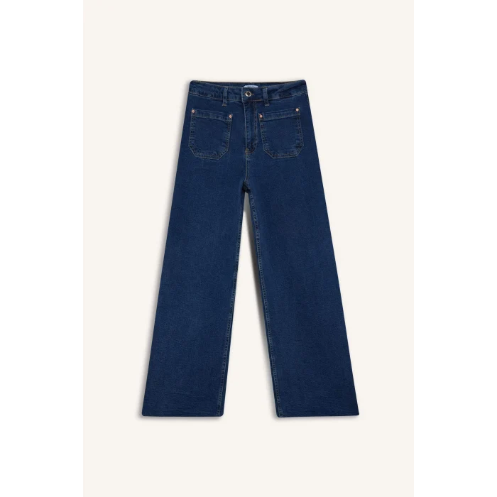 Defacto F7804AXNM85 İndigo Kısa Geniş Paça Yüksek Bel Bilek Boy Jean Yıkamalı Pantolon