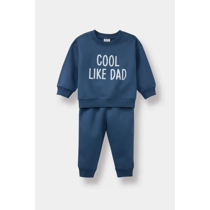 Defacto E8999A5IN257 İndigo Erkek Bebek 2li Takım Baskılı Sweatshirt Eşofman Altı