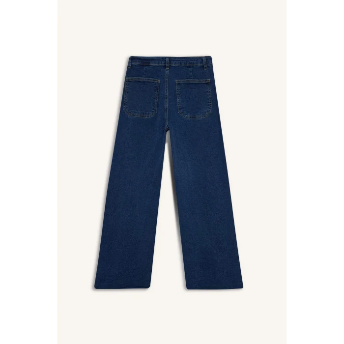 Defacto F7804AXNM85 İndigo Kısa Geniş Paça Yüksek Bel Bilek Boy Jean Yıkamalı Pantolon